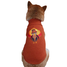 TurkeyTails Dog Sweater, brown knit with turkey pattern and high collar