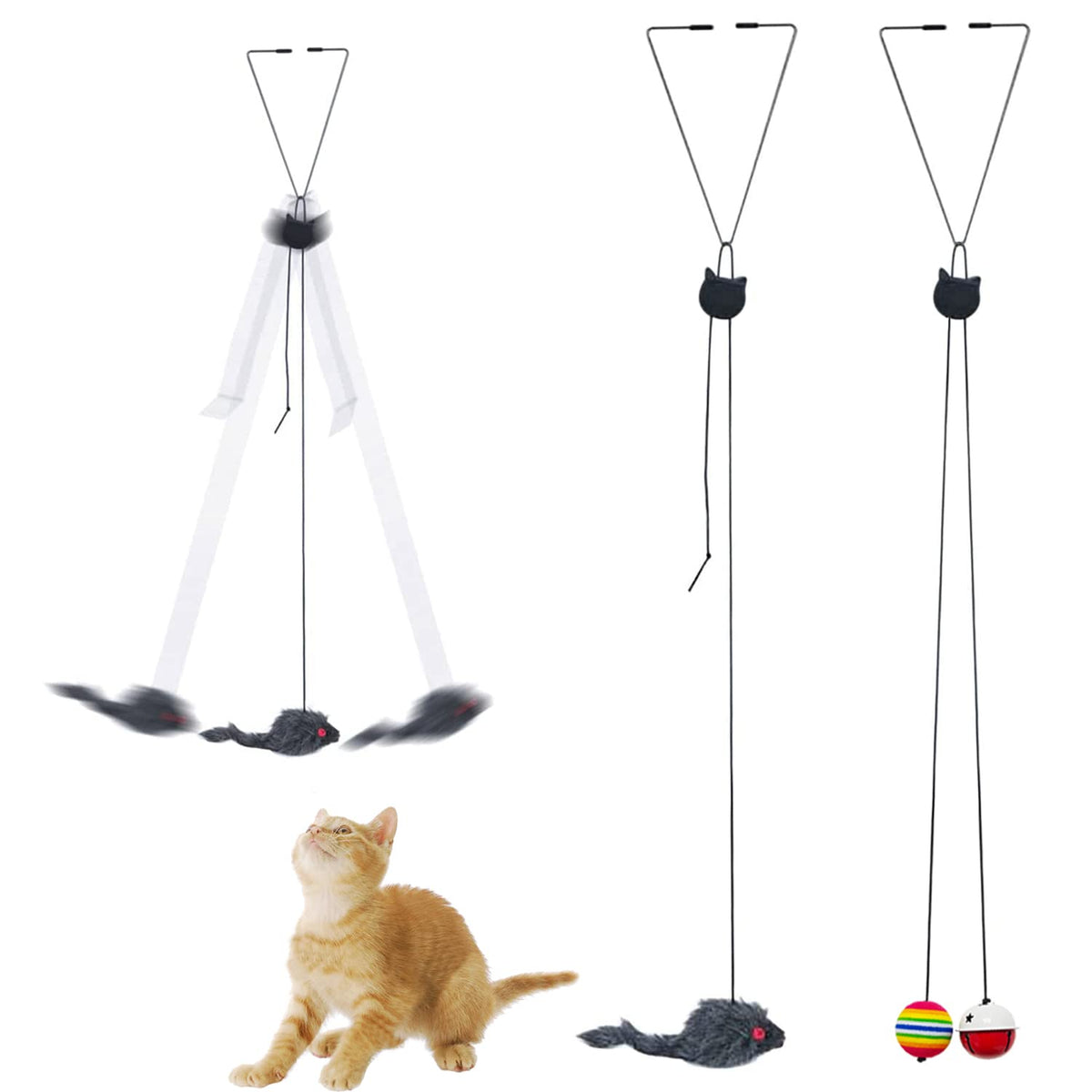DoorDangle hanging door cat toys: plush mouse and bell ball on stretchy ropes