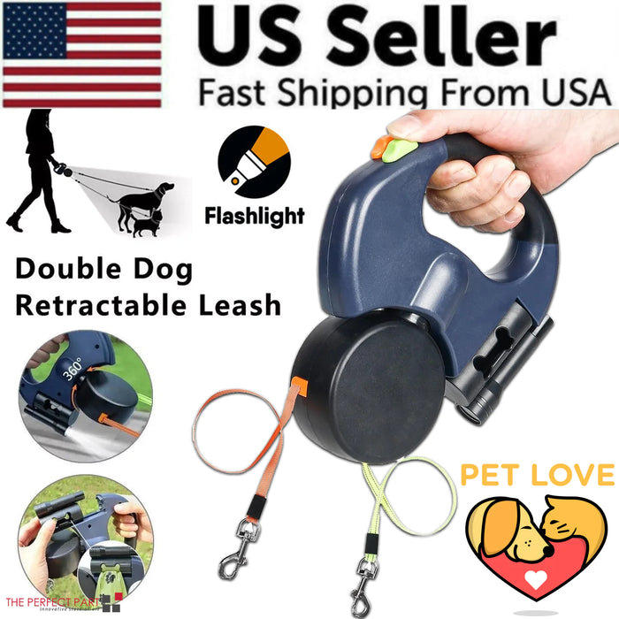 TangleFree™ Dual Retractable Dog Leash – 360° Swivel with LED Flashlight