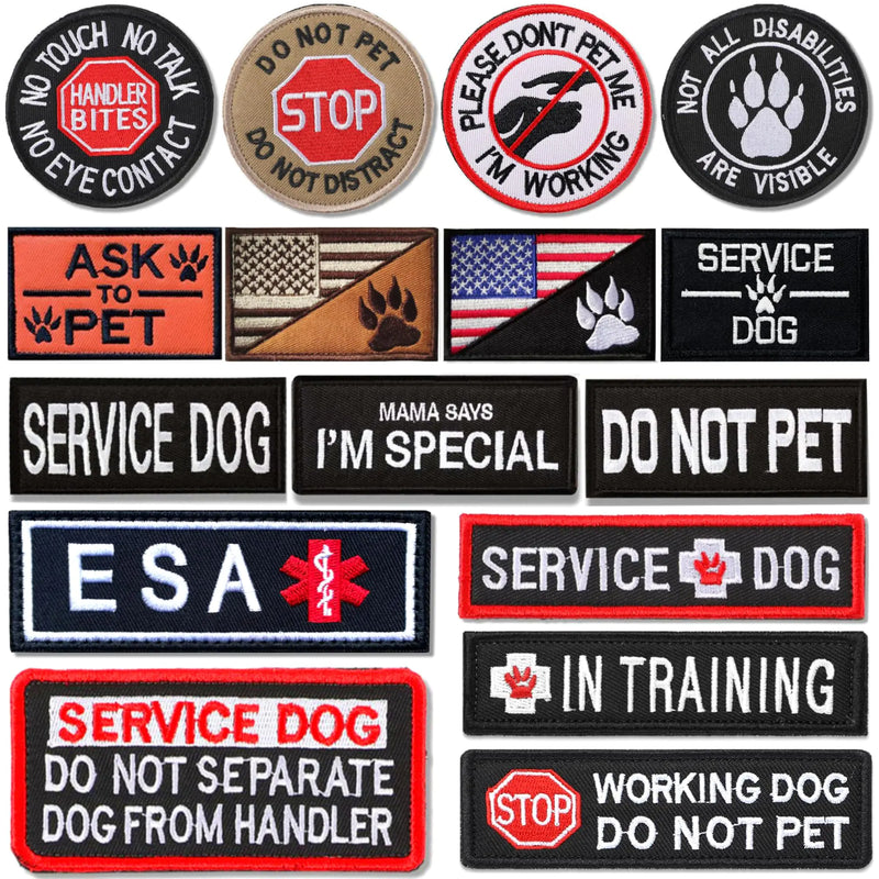 PupTags™ 16-Piece Service Dog Patch Set – Removable Velcro Harness & Leash Patches