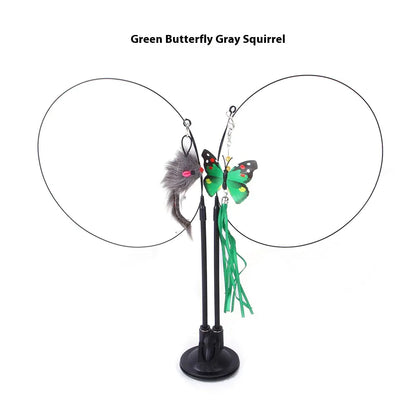 Suction cup cat teaser toy with two bouncing prey toys