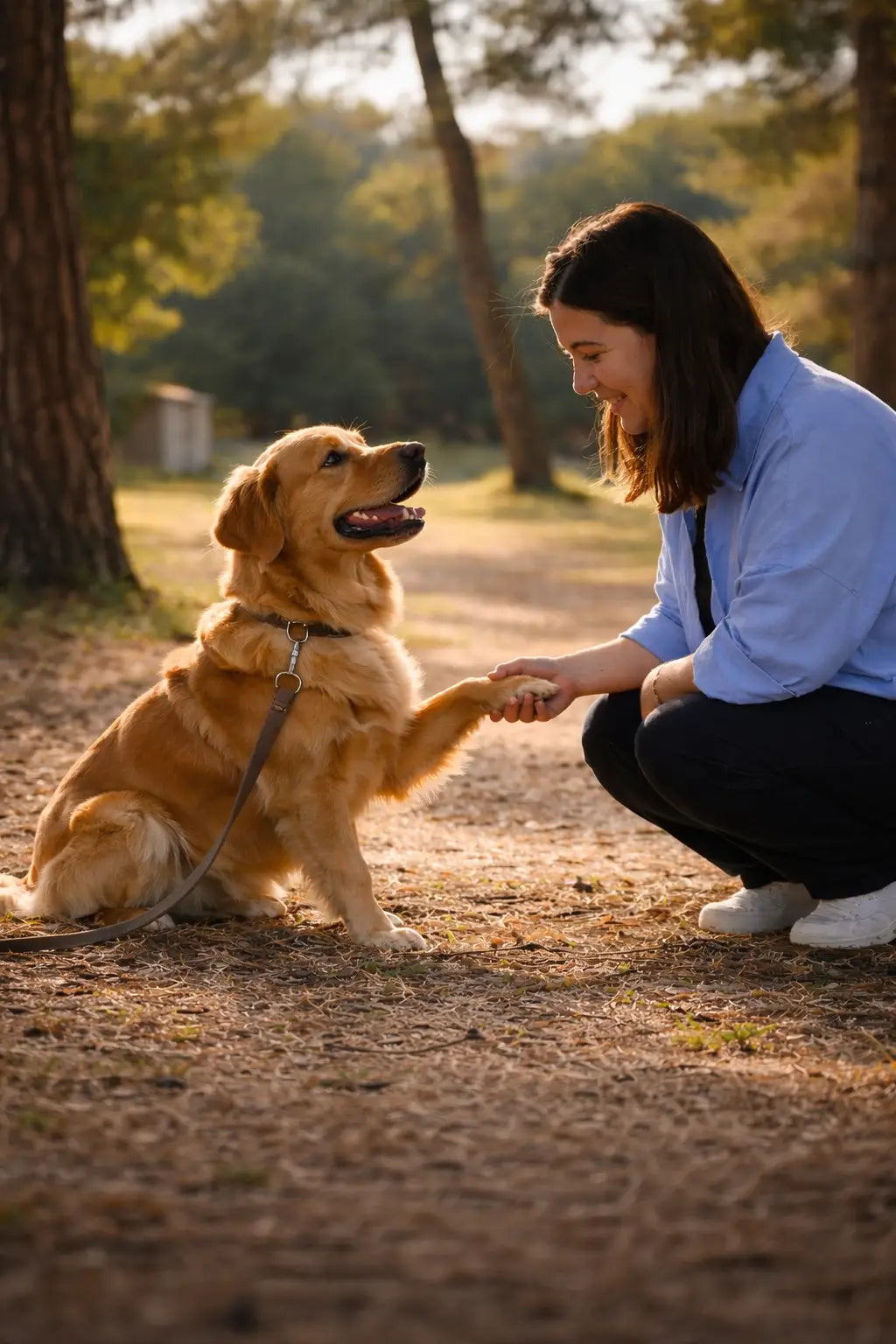 Golden retriever giving a paw to its owner outdoors